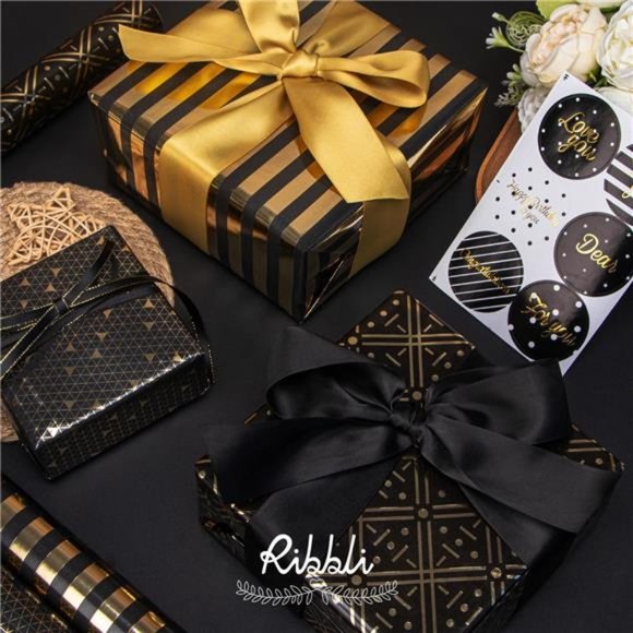 Christmas Wrapping Paper Black and Gold, 3 Rolls - 17 inch x 120 inch(10ft) - Picture 3 of 7
